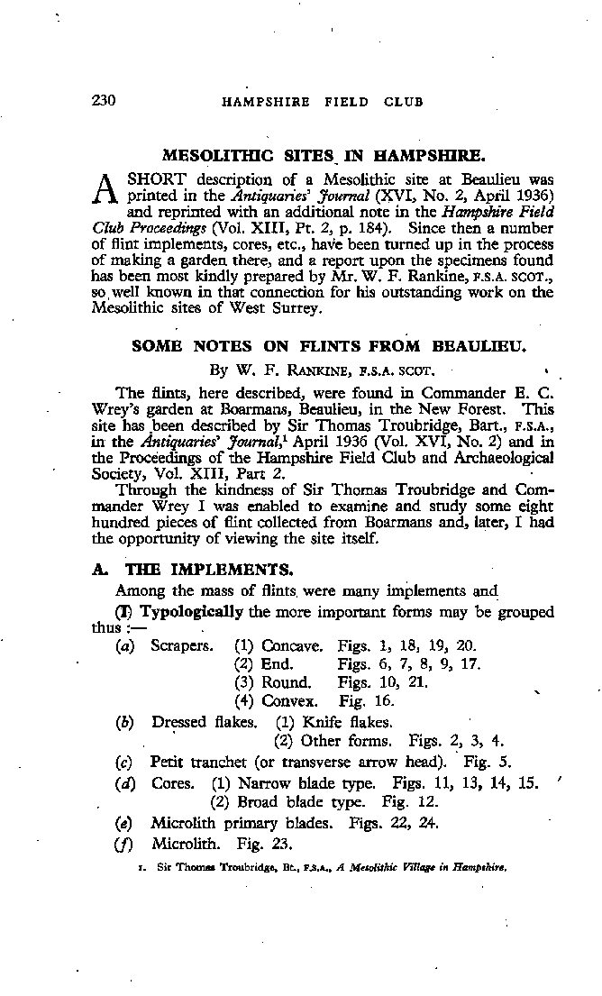 Mesolithic Sites in Hampshire, Some Notes on Flints from Beaulieu
