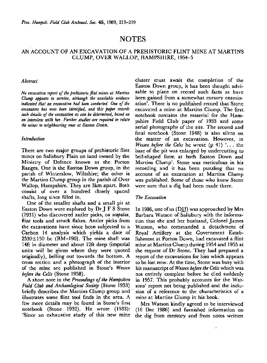 An Account of an Excavation of a Prehistoric Flint Mine at Martins Clump, Over Wallop, Hampshire, 1954-5