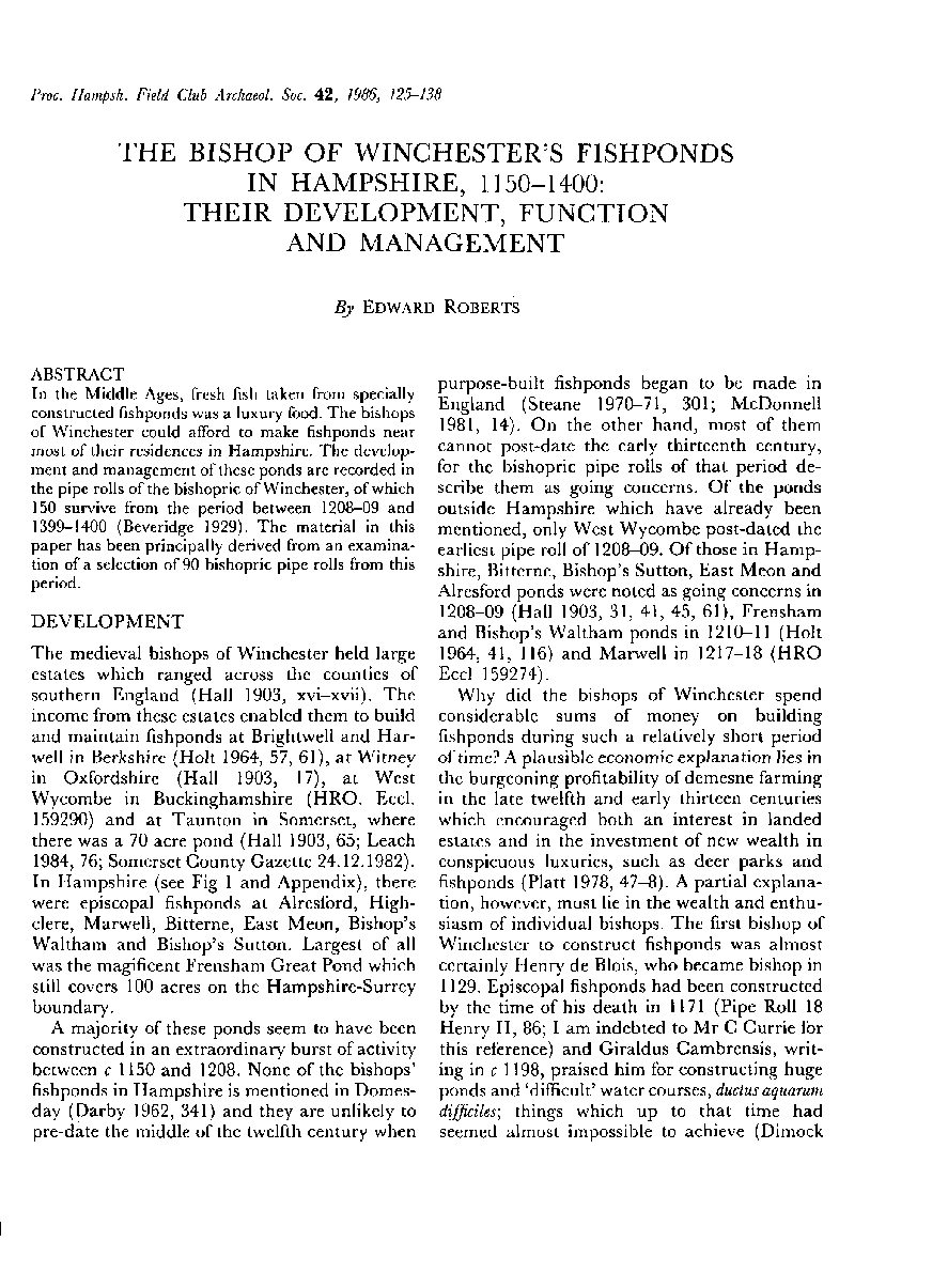 The Bishop of Winchester’s Fishponds in Hampshire, 1150-1400: their Development, Function and Management