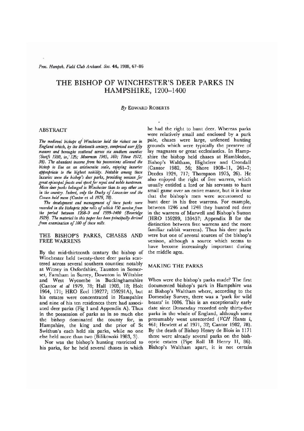 The Bishop of Winchester’s Deer Parks in Hampshire, 1200-1400