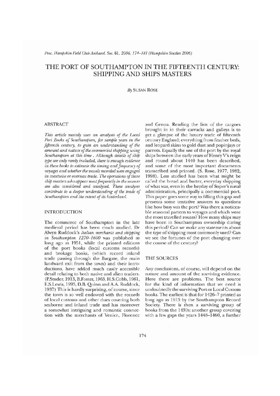 The Port of Southampton in the Fifteenth Century: Shipping and Ships Masters