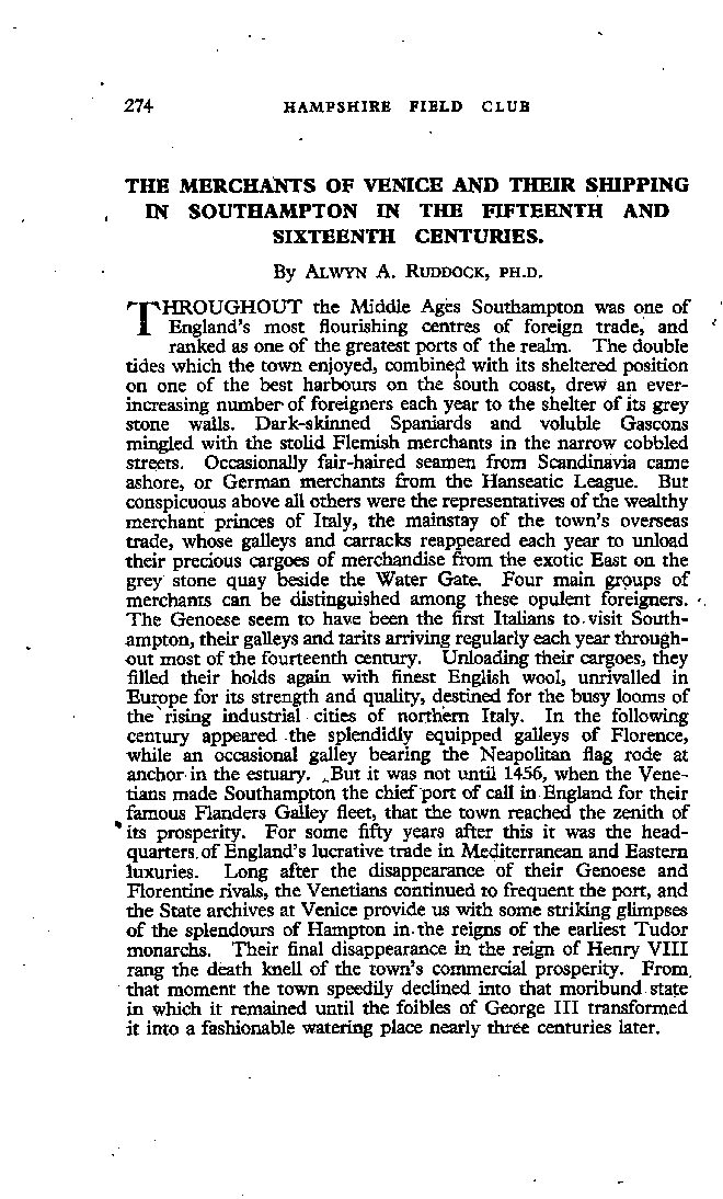 The Merchants of Venice and their Shipping in Southampton in the 15th and 16th Centuries