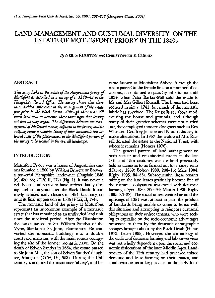 Land Management and custumal diversity on the estate of Mottisfont Priory in the 1340s