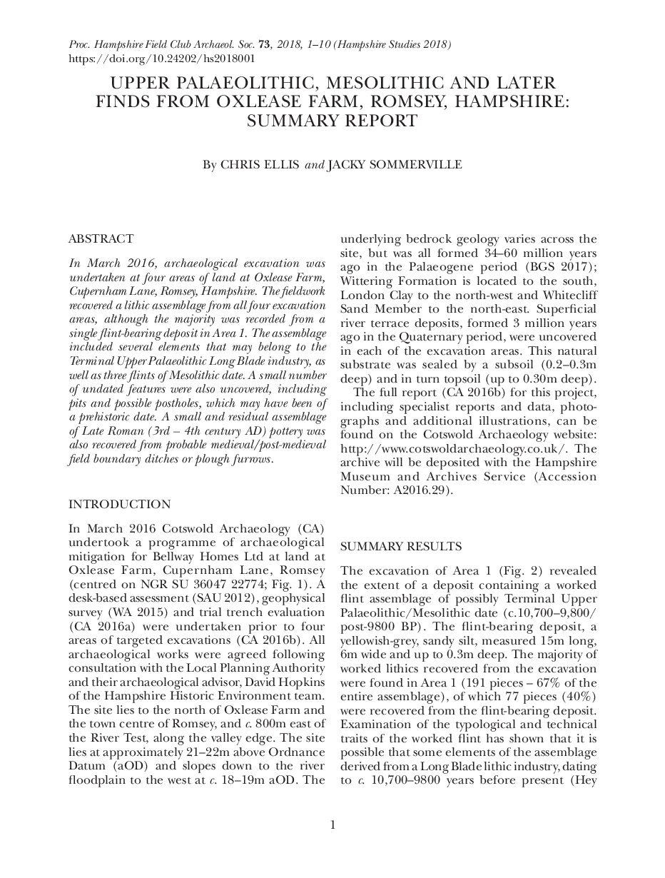 Upper Palaeolithic, Mesolithic and later finds from Oxlease Farm, Romsey, Hampshire: Summary Report