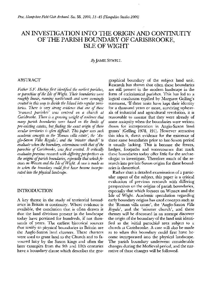 An investigation into the origin and continuity of the parish boundary of Carisbrooke, Isle of Wight