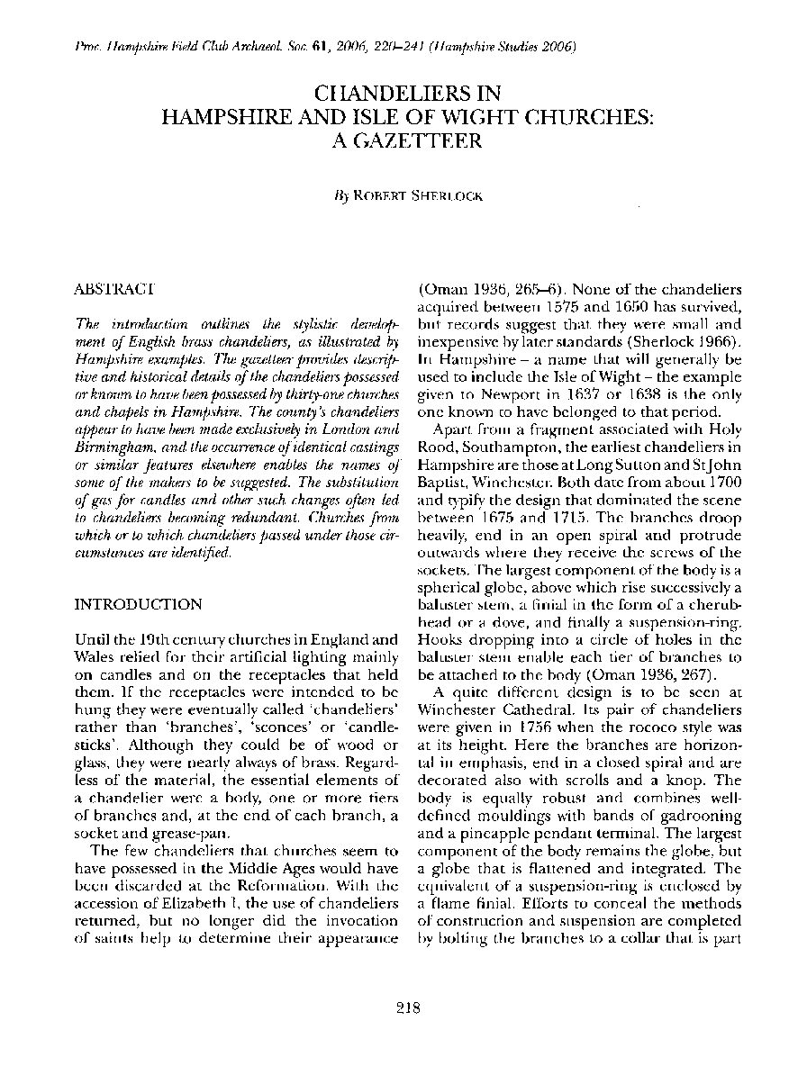 Chandeliers in Hampshire and Isle of Wight Churches: A Gazetteer