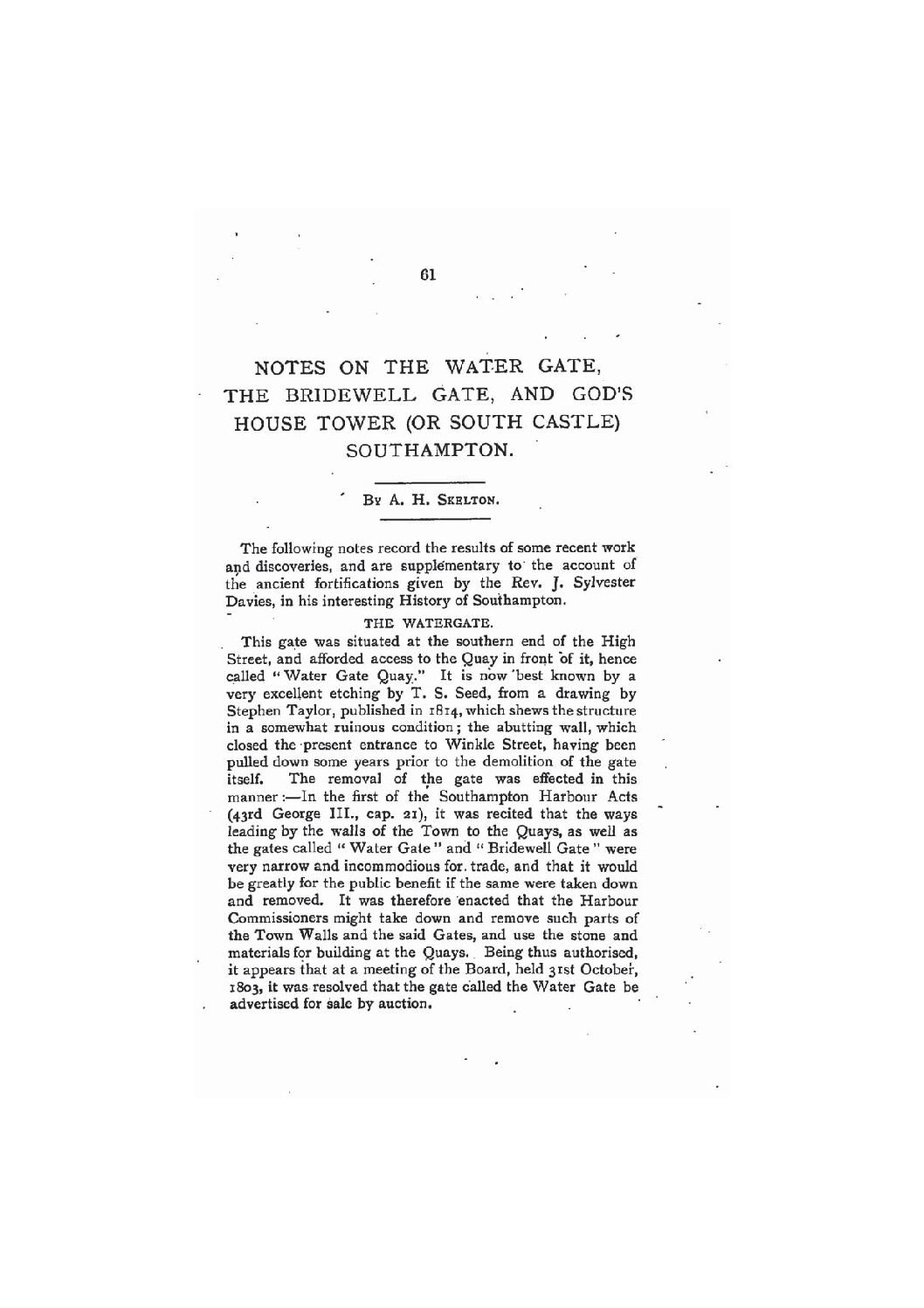 Notes on the Water Gate, Southampton