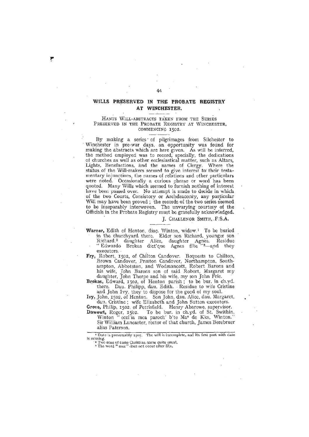 Wills Preserved in the Probate Registry at Winchester