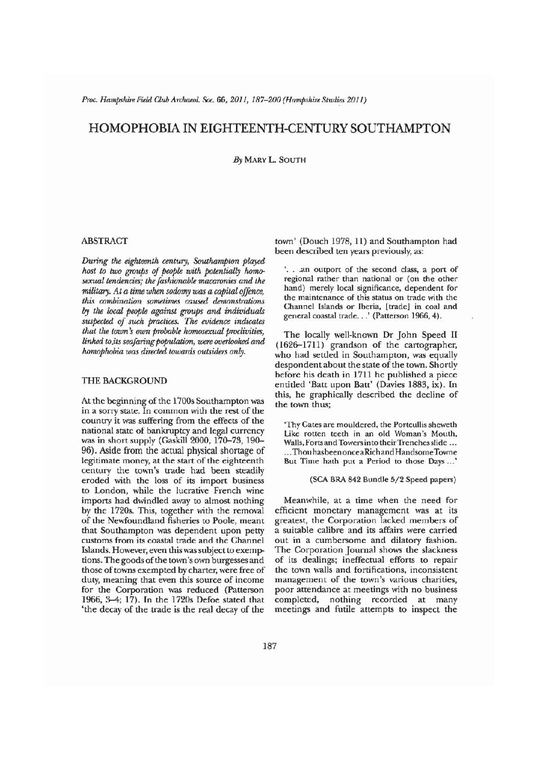 Homophobia in Eighteenth-Century Southampton