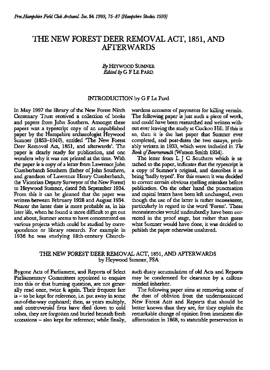 The New Forest Deer Removal Act, 1851, and afterwards