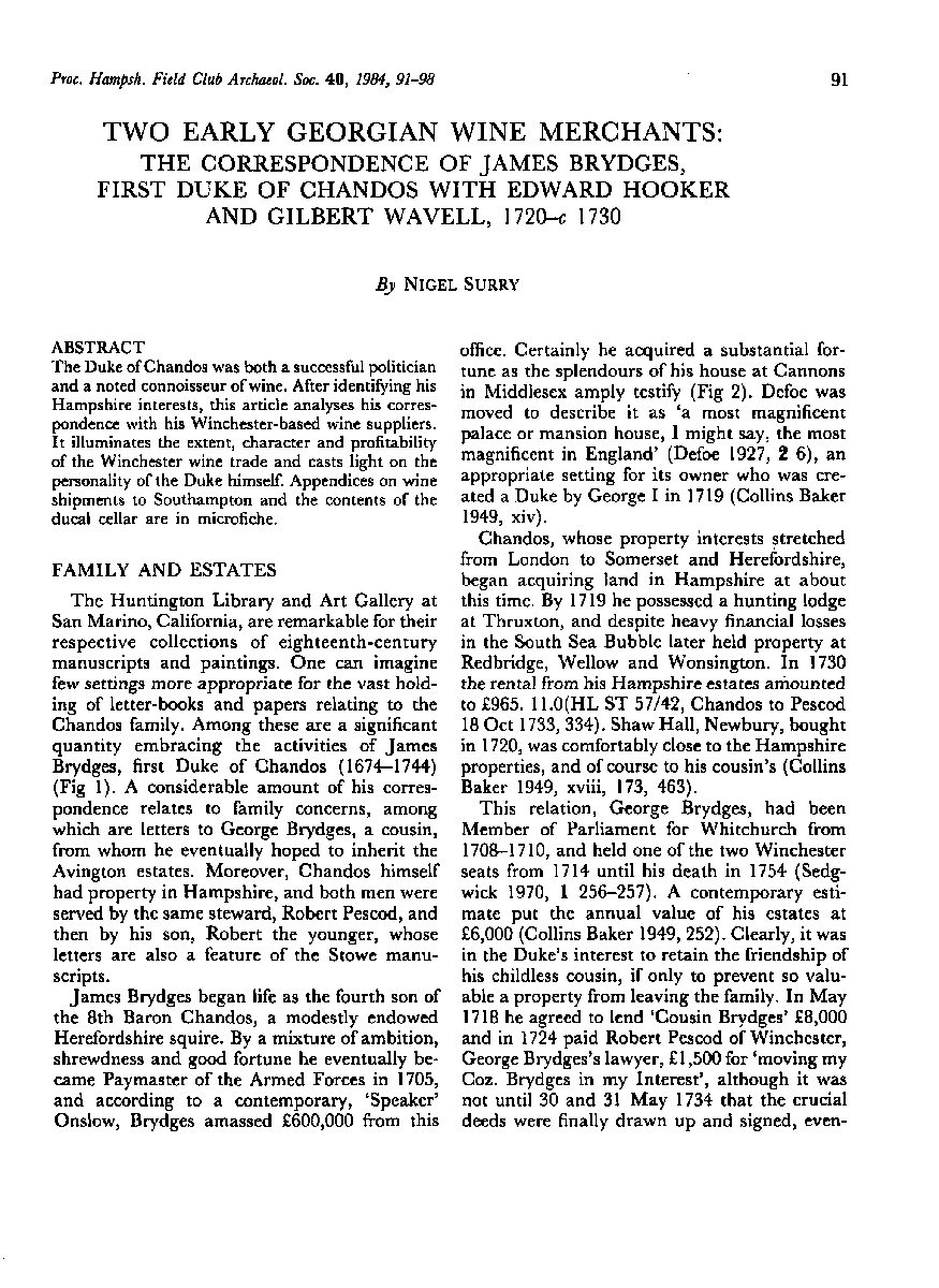 Two Early Georgian Wine Merchants: the correspondence of James Brydges, First Duke of Chandos, with Edward Hooker and Gilbert Wavell, 1720- c 1730