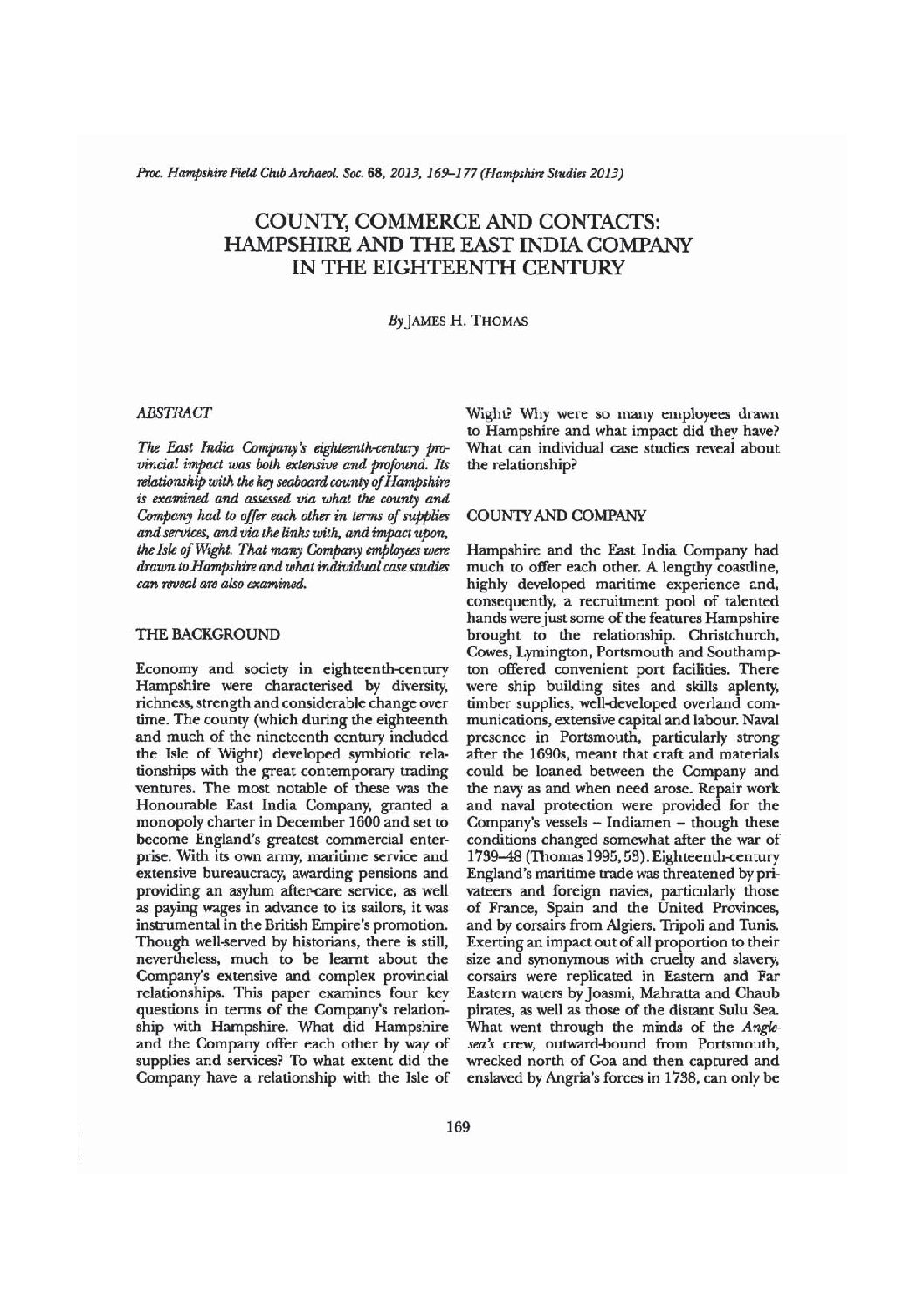 County, Commerceand Contacts: Hampshire and the East India Company in the Eighteenth Century