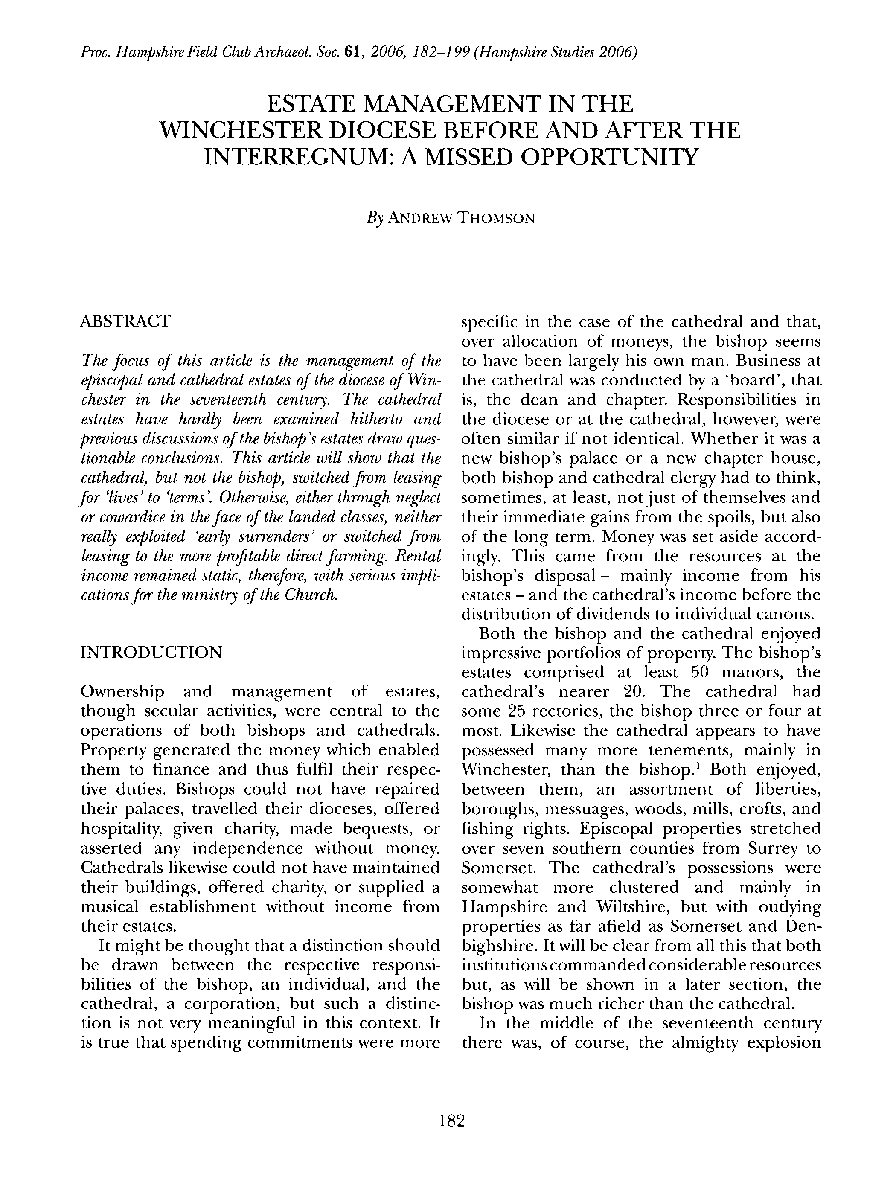 Estate Management in the Winchester Diocese Before and After the Interregnum: A Missed Opportunity