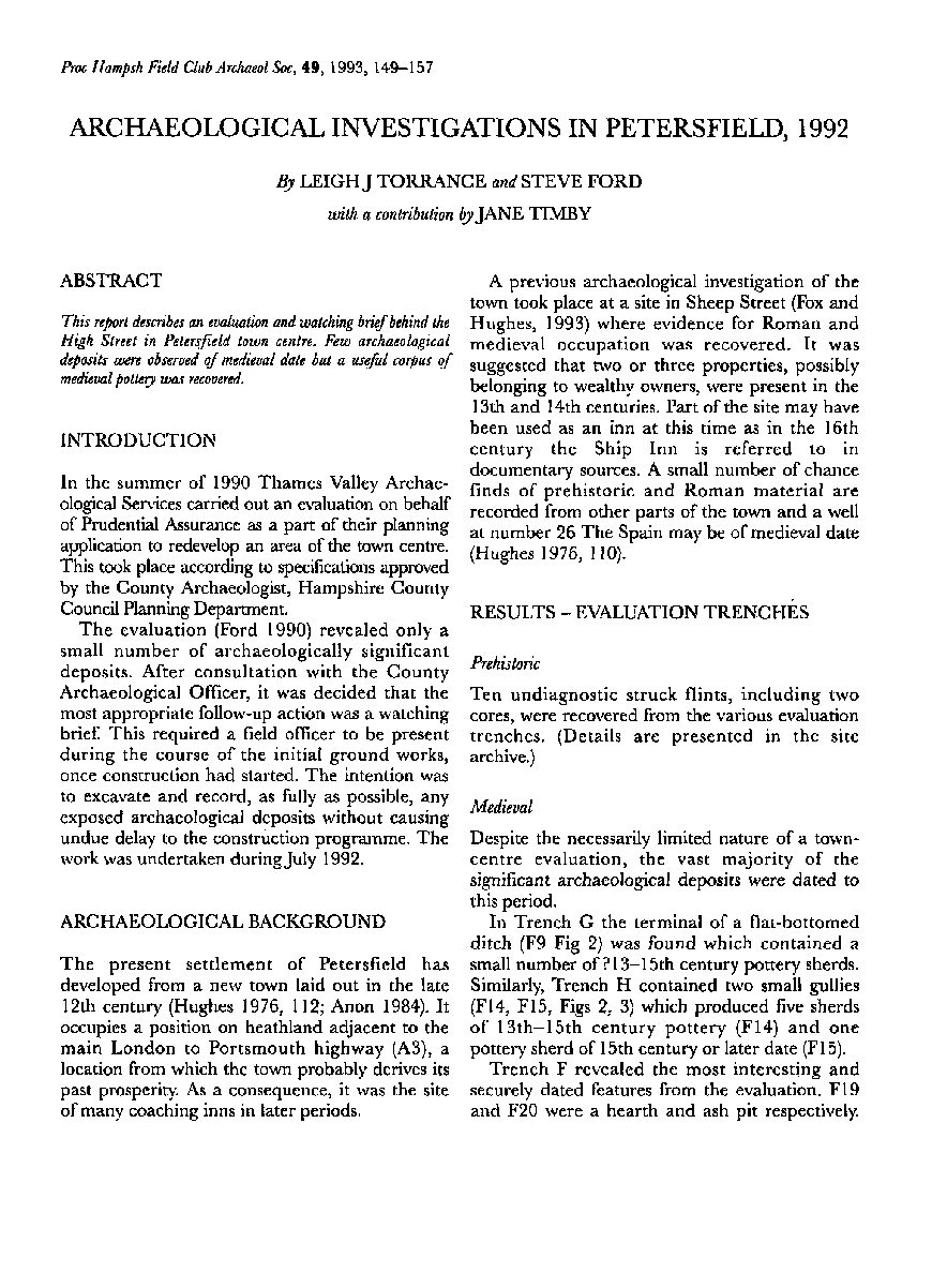 Archaeological Investigations in Petersfield, 1992