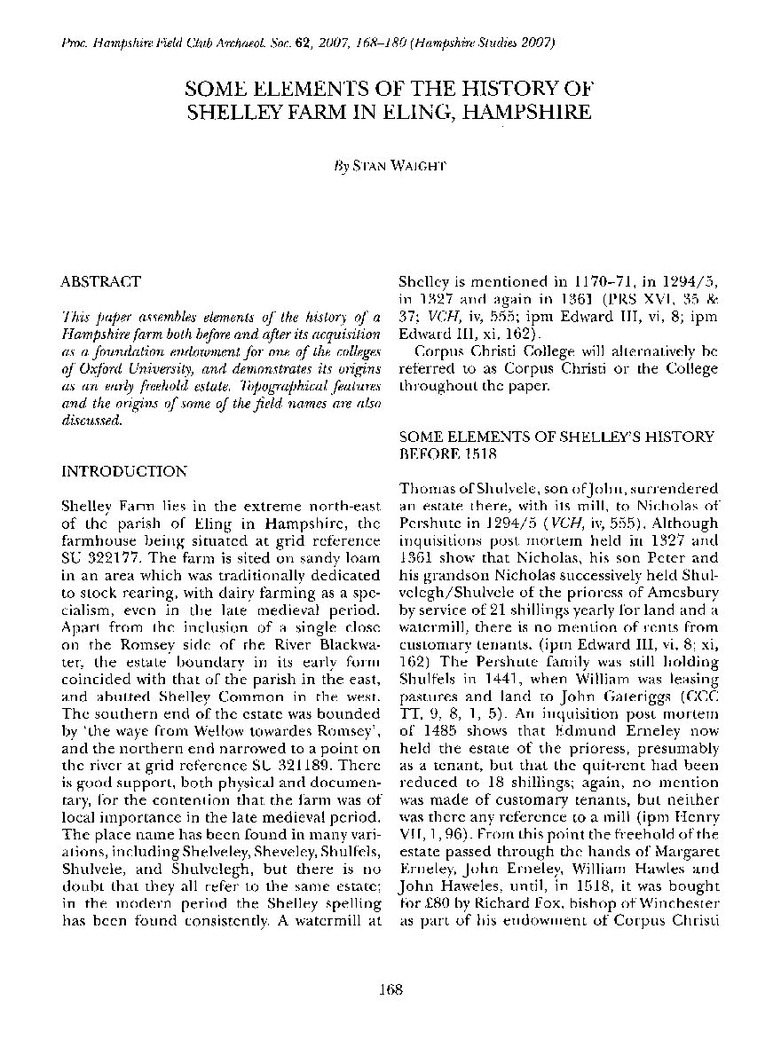 Some Elements of the History of Shelley Farm, Eling