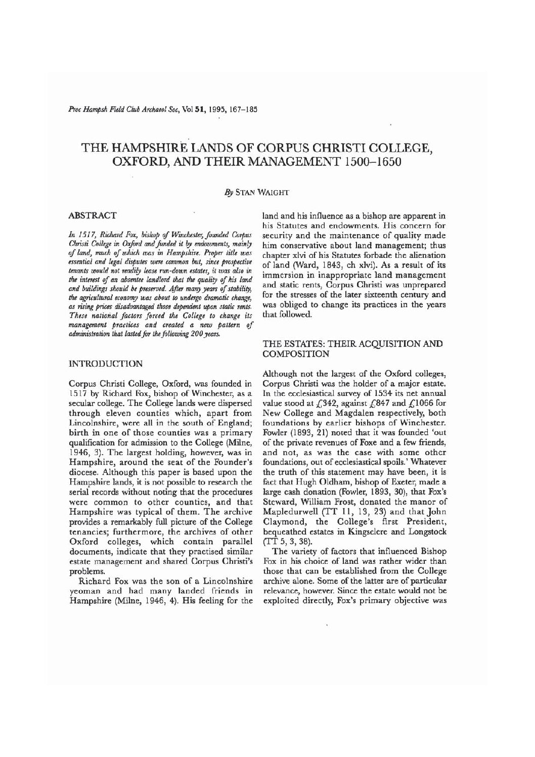 The Hampshire Lands of Corpus Christi College, Oxford, and their Management, 1500-1650