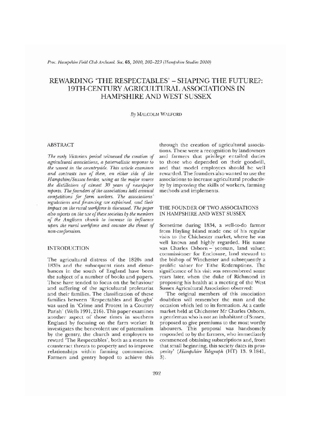 Rewarding ‘The Respectables’ – Shaping the Future?: 19th-century Agricultural Associations in Hampshire and West Sussex