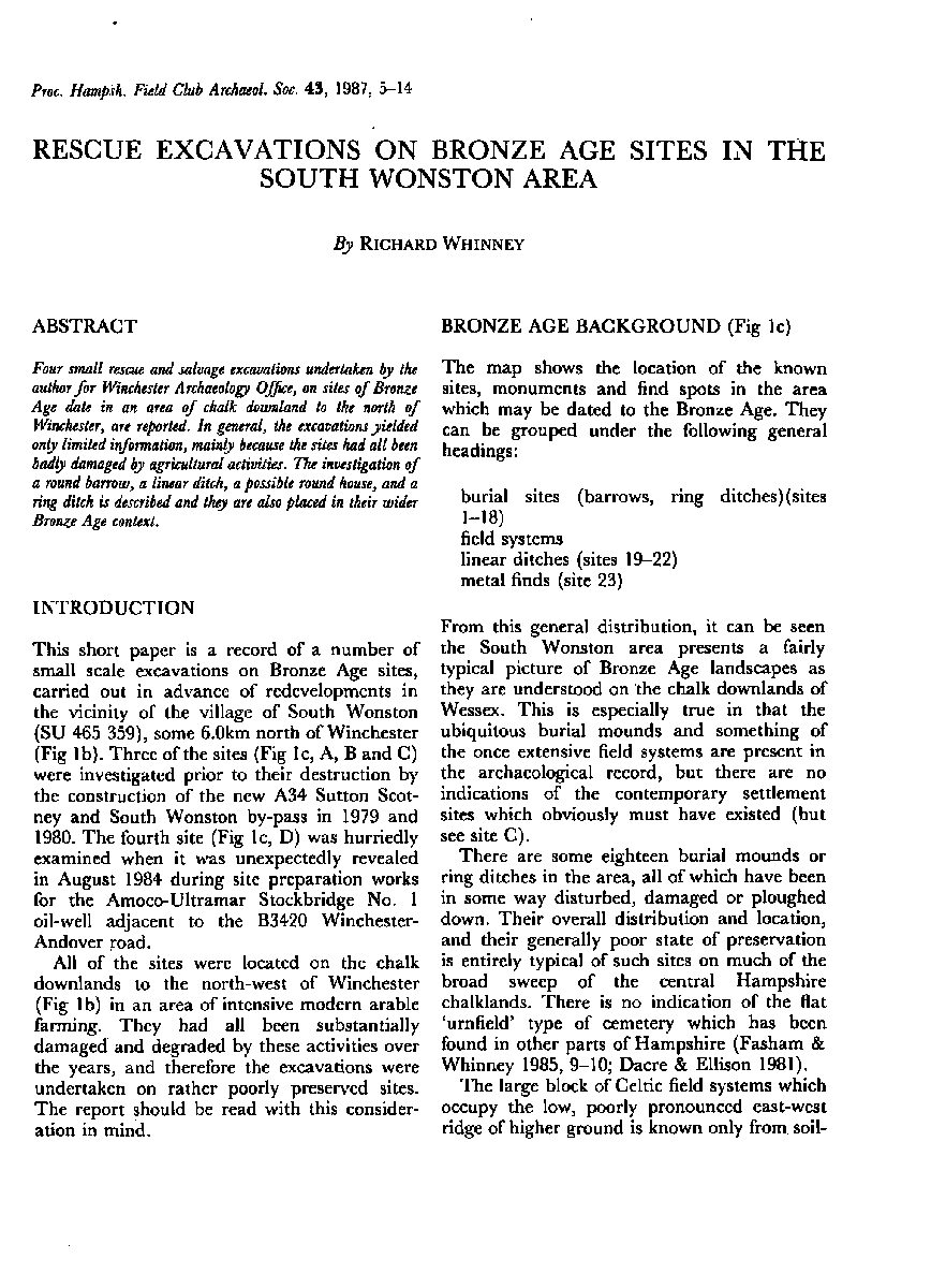 Rescue Excavations on Bronze Age Sites in the South Wonston Area