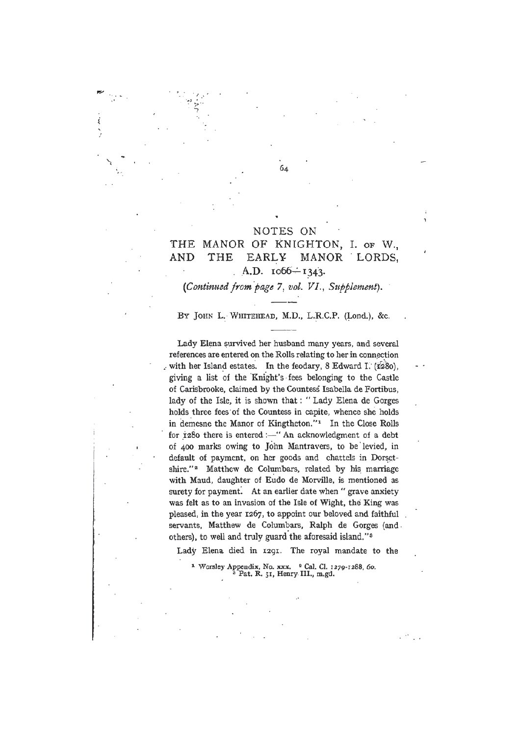 Notes on the Manor of Knighton, I. of W., and the Early Manor Lords, A.D. 1066-1343