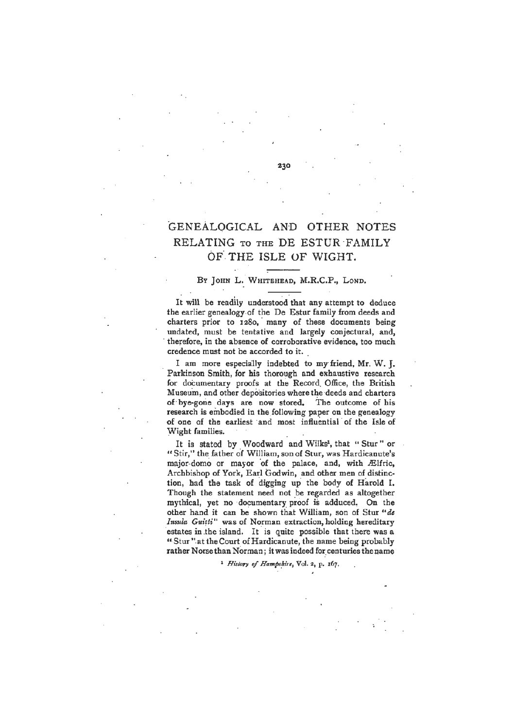 Notes relating to the De Estur Family of the Isle of Wight
