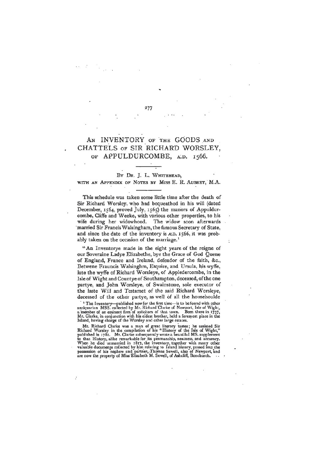 An Inventory of the Goods and Chattels of Sir Richard Worsley of Appledurcombe, A.D. 1566