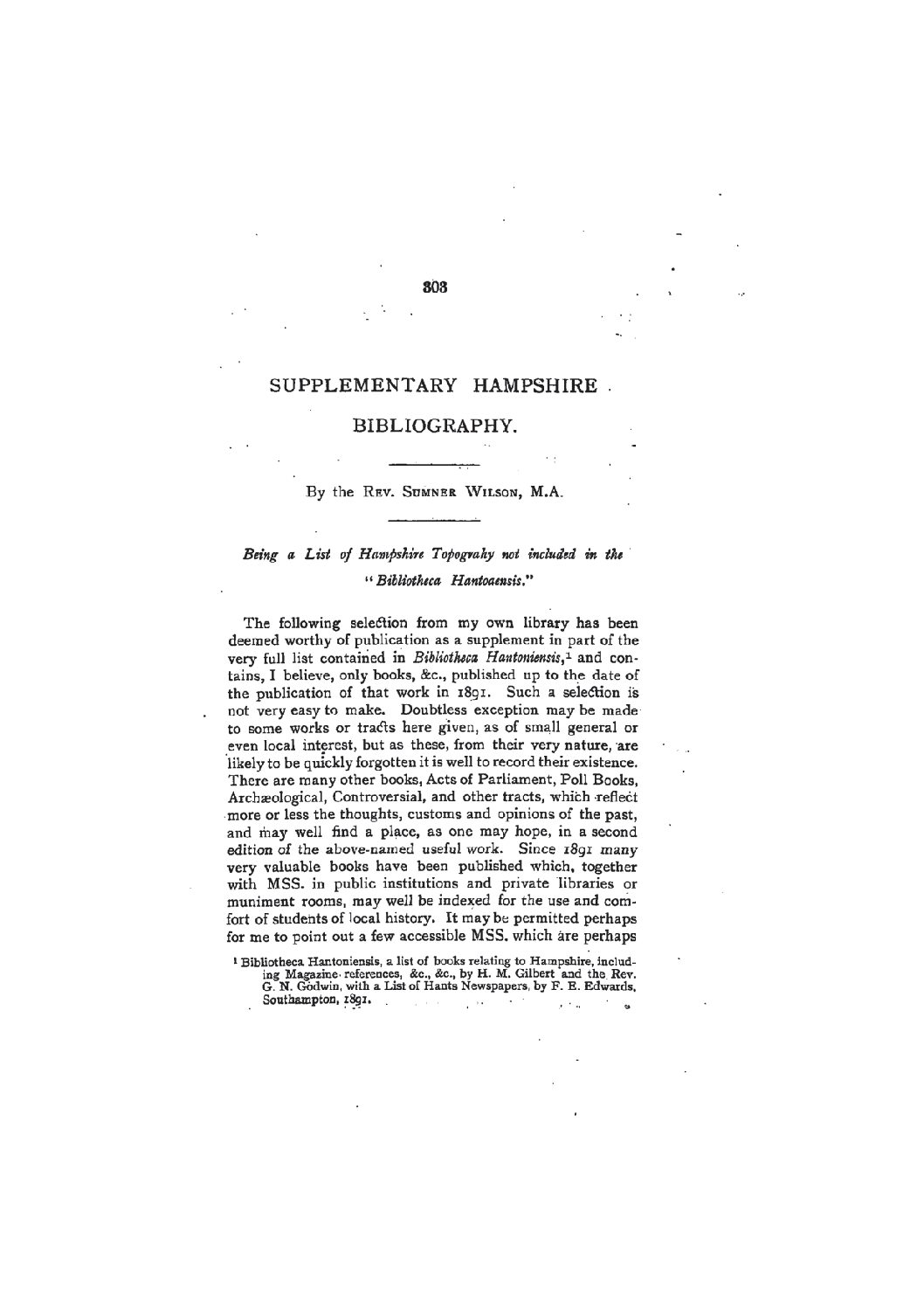 Supplementary Hampshire Bibliography