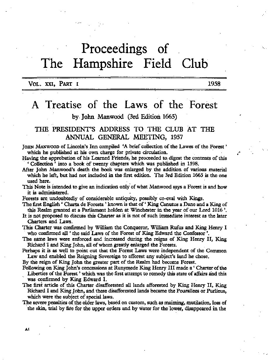 President’s Address, 1957: “A Treatise of the Laws of the Forest.”