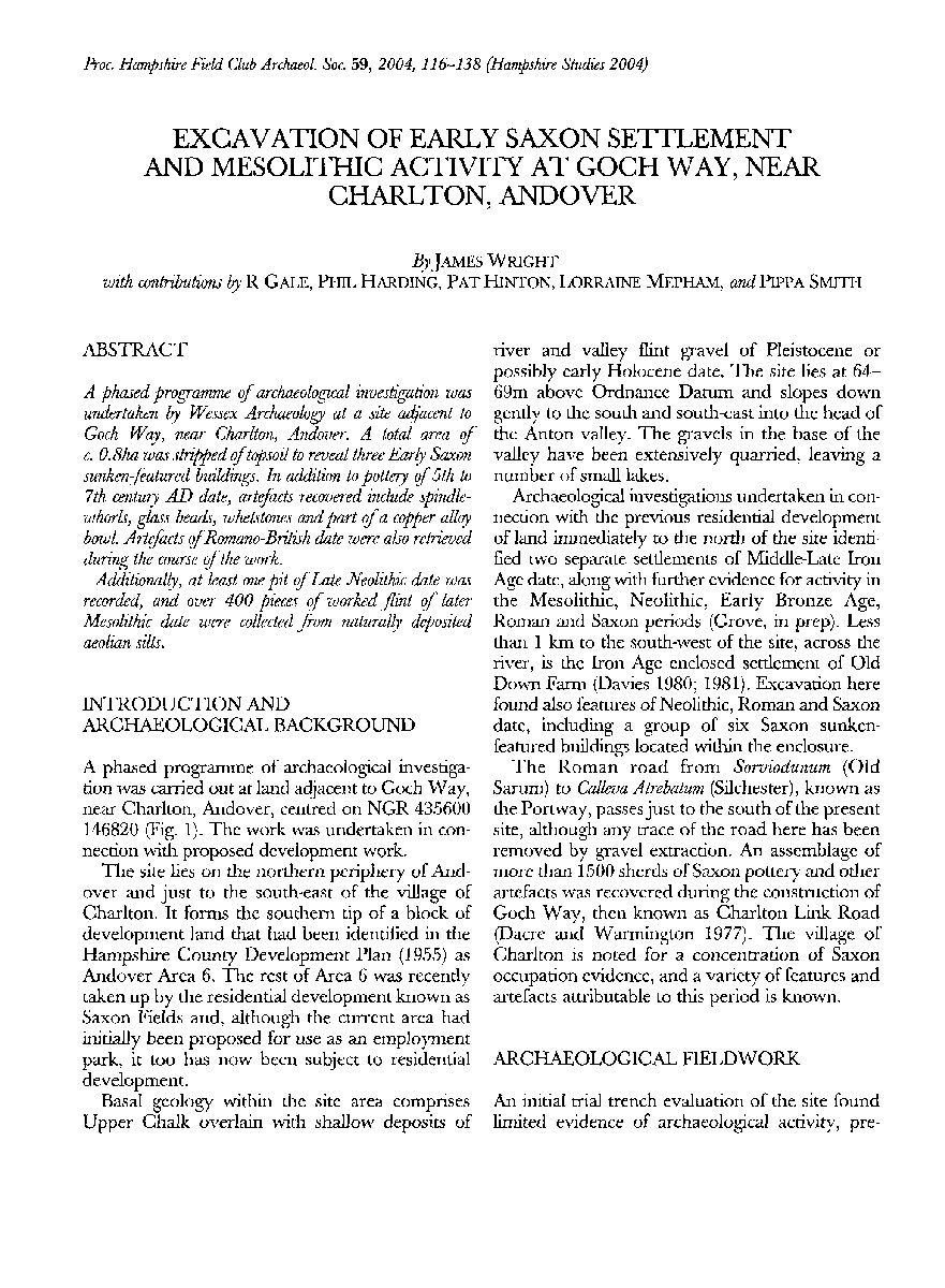 Excavation of Early Saxon Settlement and Mesolithic Activity at Goch Way, near Charlton, Andover