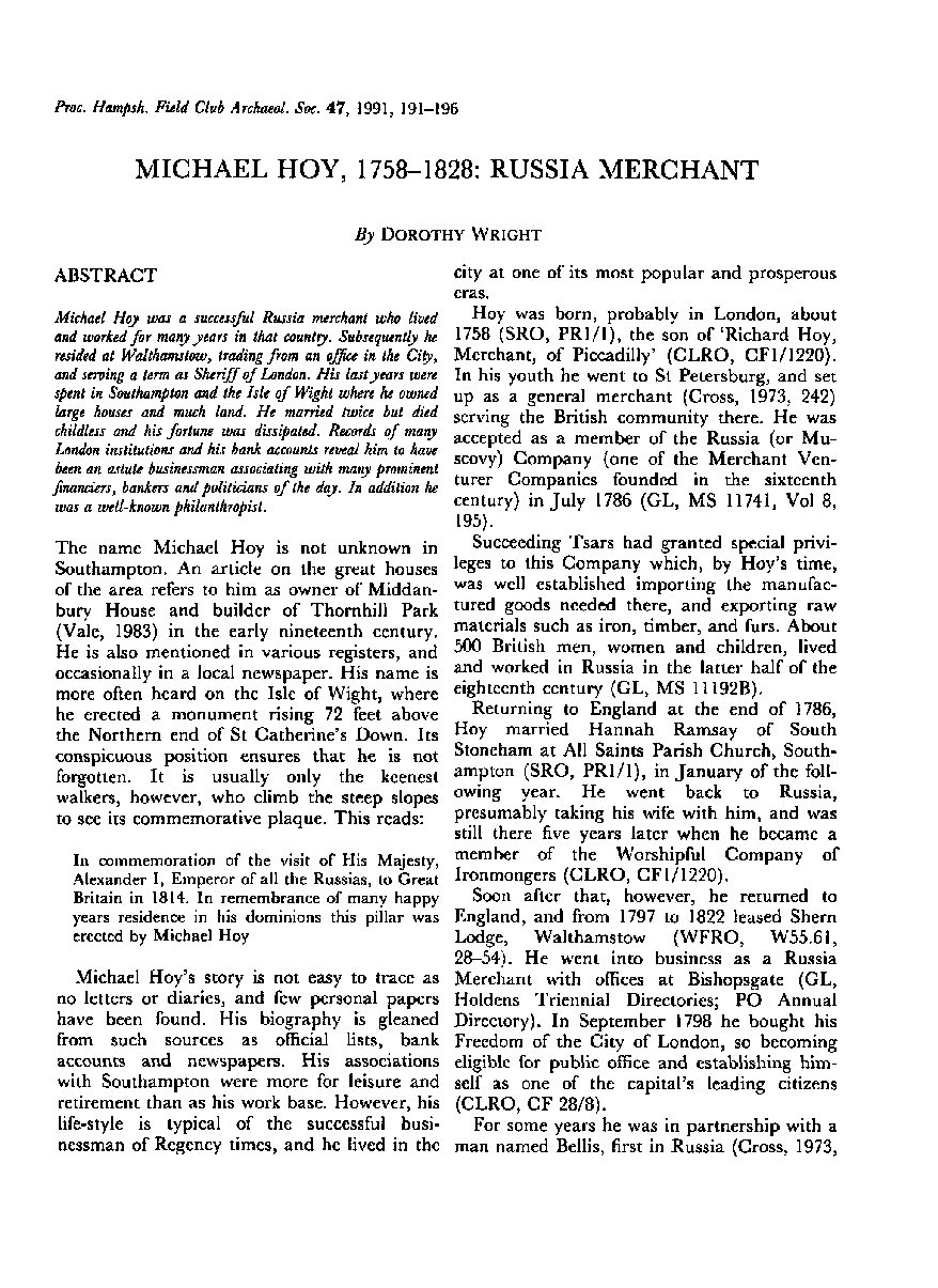 Michael Hoy, 1758-1823: Russian merchant