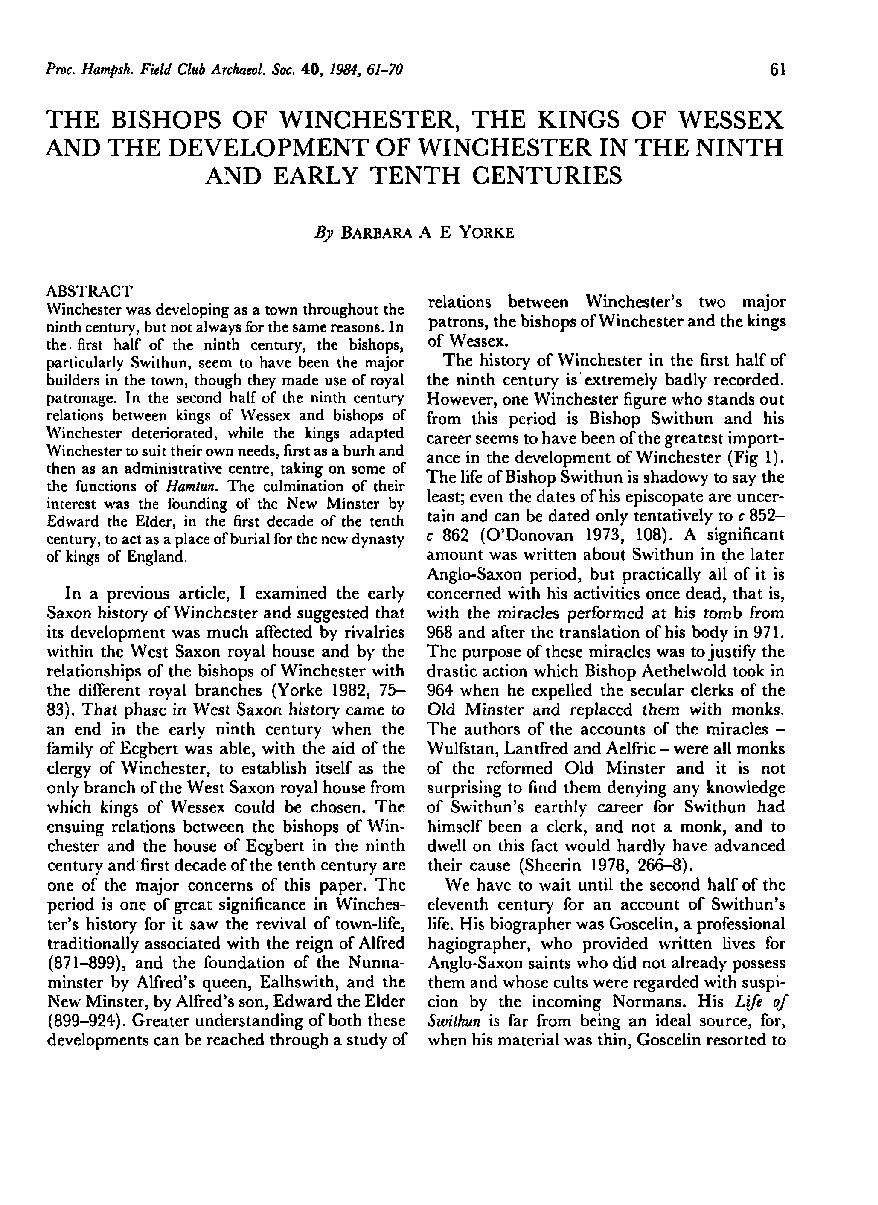The Bishops of Winchester, the Kings of Wessex and the Development of Winchester in the ninth and early tenth centuries