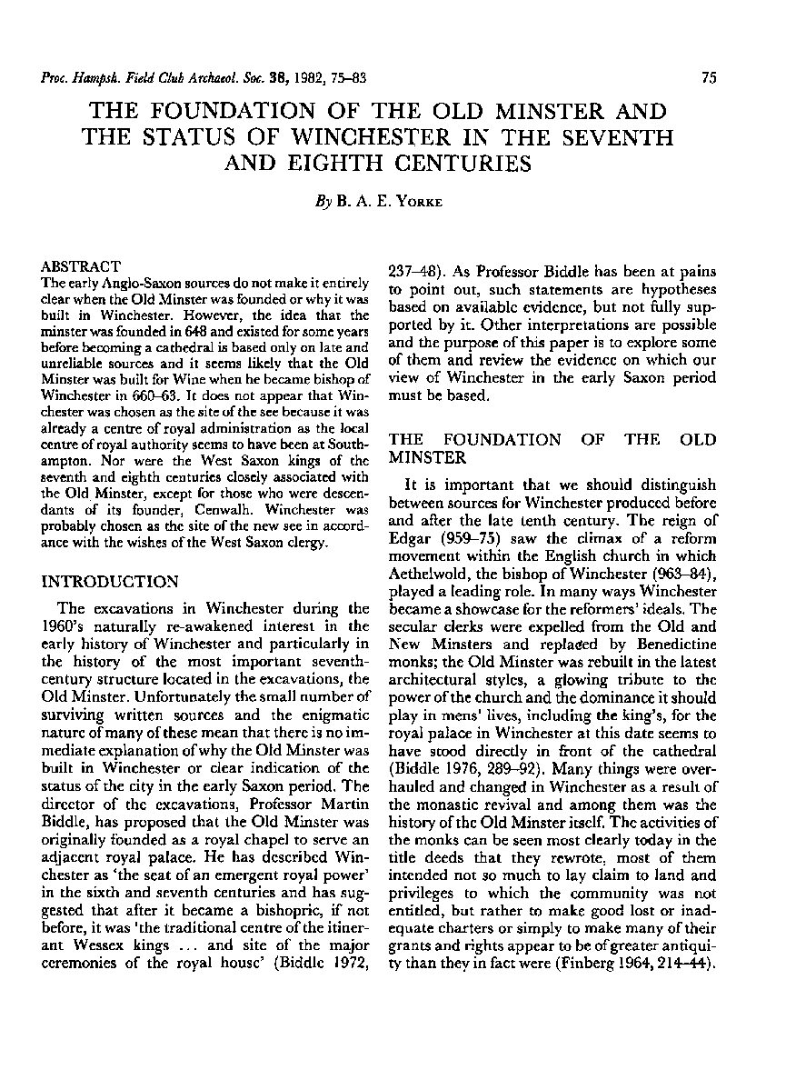 The Foundation of the Old Minster and the status of Winchester in the seventh and eighth centuries