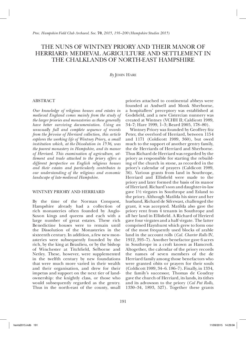 The Nuns of Wintney Priory and Their Manor of Herriard: Medieval Agriculture and Settlement in the Chalklands of North-East Hampshire