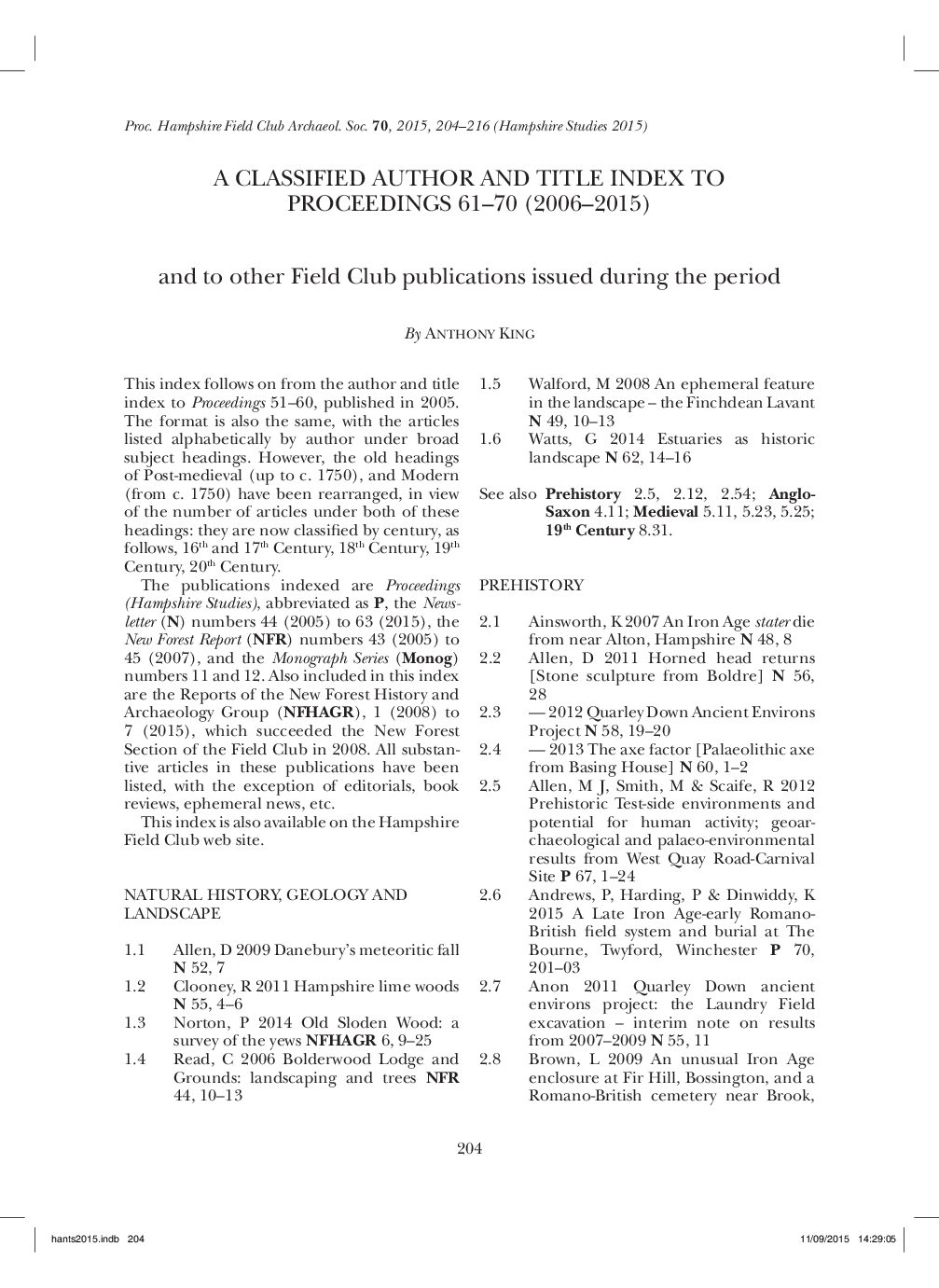 A Classified Author and Title Index to Proceedings 61-70 (2006-2015) and to Other Field Club Publications Issued During the Period