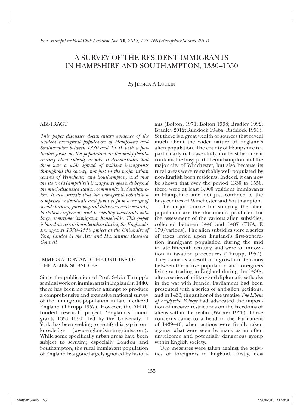 A Survey of the Resident Immigrants in Hampshire and Southampton, 1330-1550