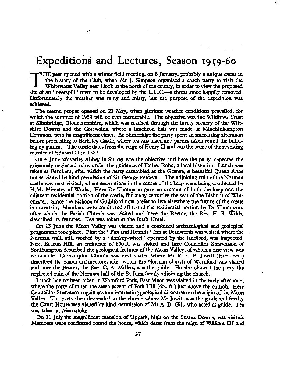 Report on Expeditions and Lectures 1959-60, HFC Annual Report 1959-60, New Forest and Avon Valley Section Report 1959-60, Finances to 31/12/1960, List of Past Presidents