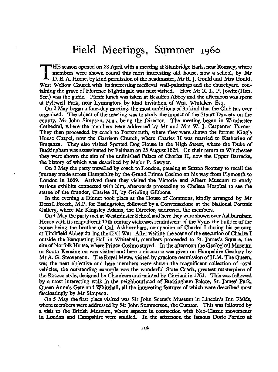 Field Meetings, Summer 1960, HFC Annual Report 1961-62, New Forest Section Report 1960-61, Finances to 31/12/1961, List of Past Presidents