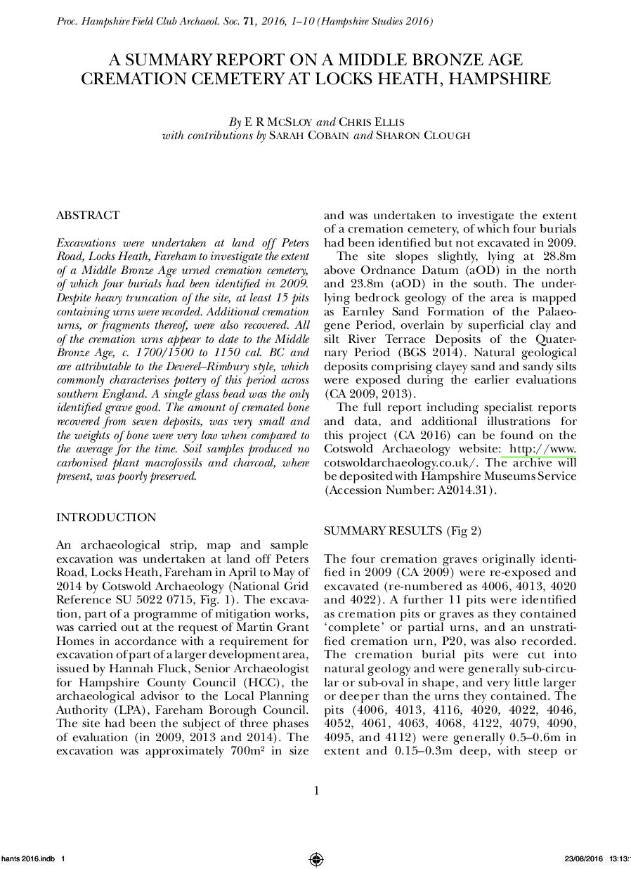 Report on a Middle Bronze Age Cremation Cemetry at Locks Heath, Hampshire