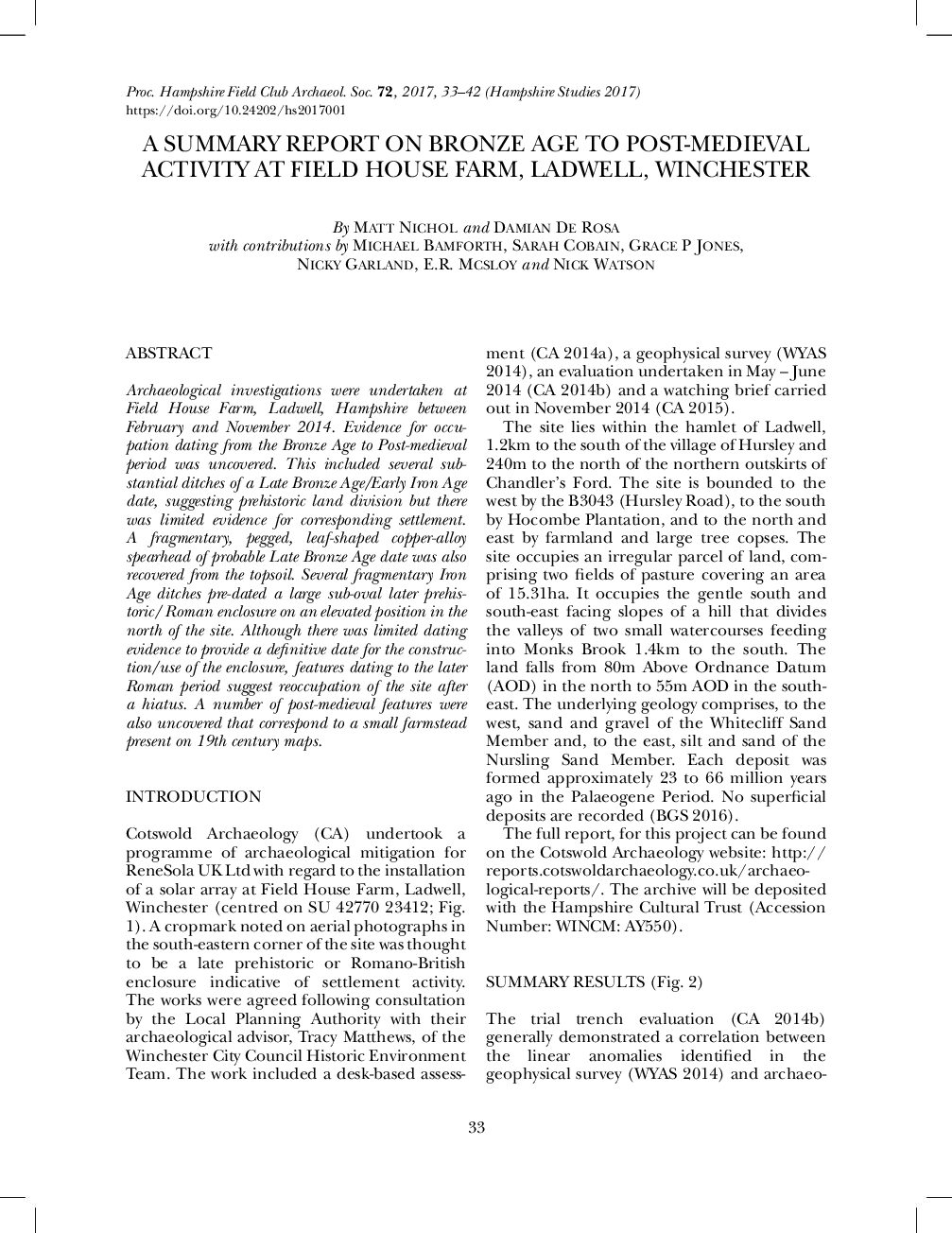 A Summary Report on Bronze Age to Post-Medieval Activity at Field House Farm, Ladwell, Winchester