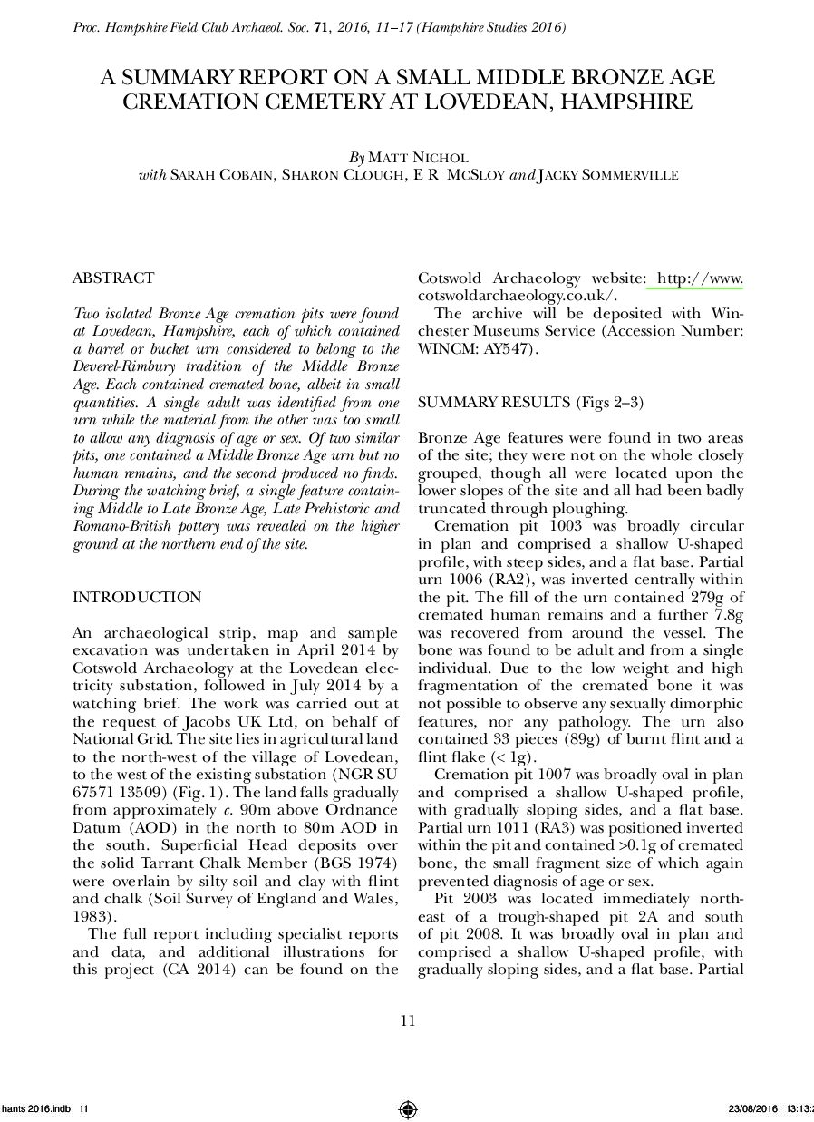 A Summary Report on a Small Middle Bronze Age Cremation Cemetry at Lovedean, Hampshire