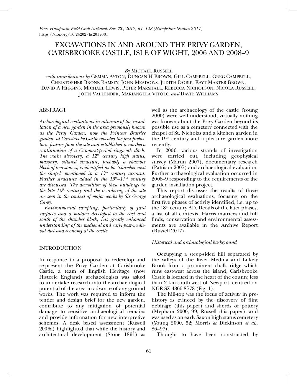 Excavations In and Around the Privy Garden, Carisbrooke Castle, Isle of Wight, 2006 & 2008-9