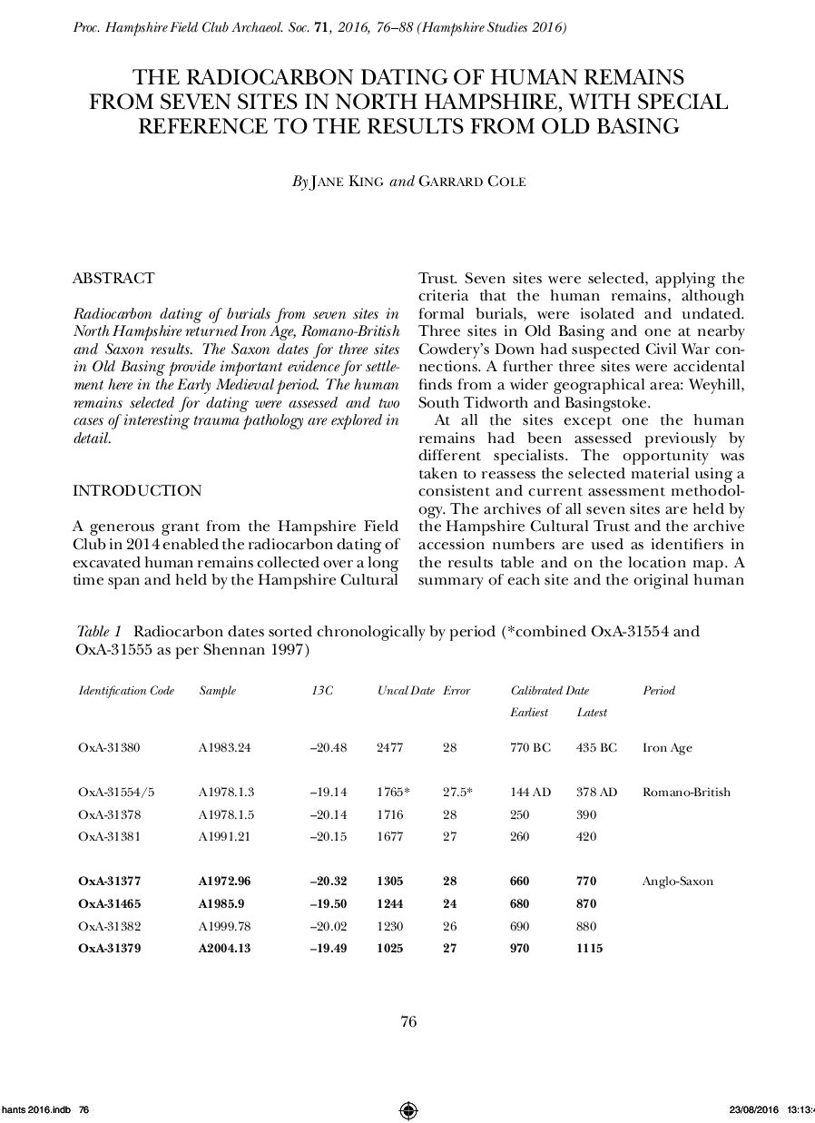 The Radiocarbon Dating of Human Remains from Seven Sites in North Hampshire