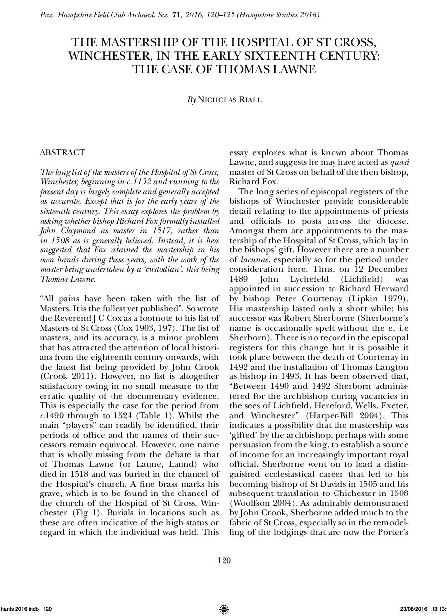 The Mastership of The Hospital of St Cross, Winchester, in the Early Sixteenth Century. The Case of Thomas Lawne